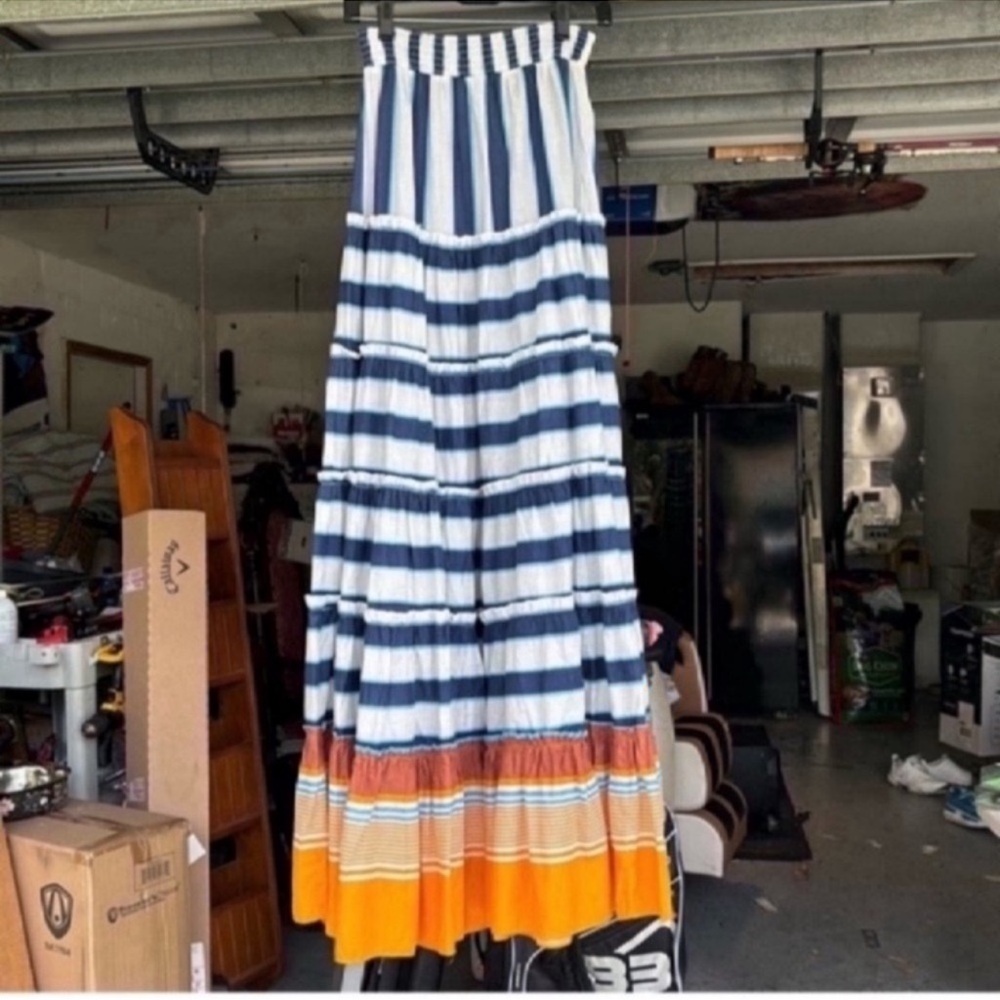 WKND WYFR Blue and White Tiered Strapless Maxi Dress for Resort Wear